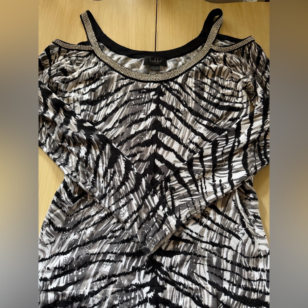 Belldini Black Sweater with Silver Embellishments zebra print